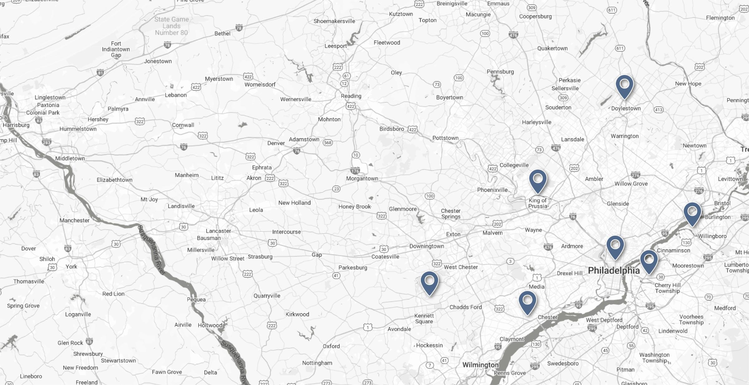 Service area map highlighting catering locations around Philadelphia and southeastern Pennsylvania